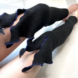 Vintage Wool Sweater Leg Warmers Black Bows Knit Footless Knee Socks Fairy Leaf